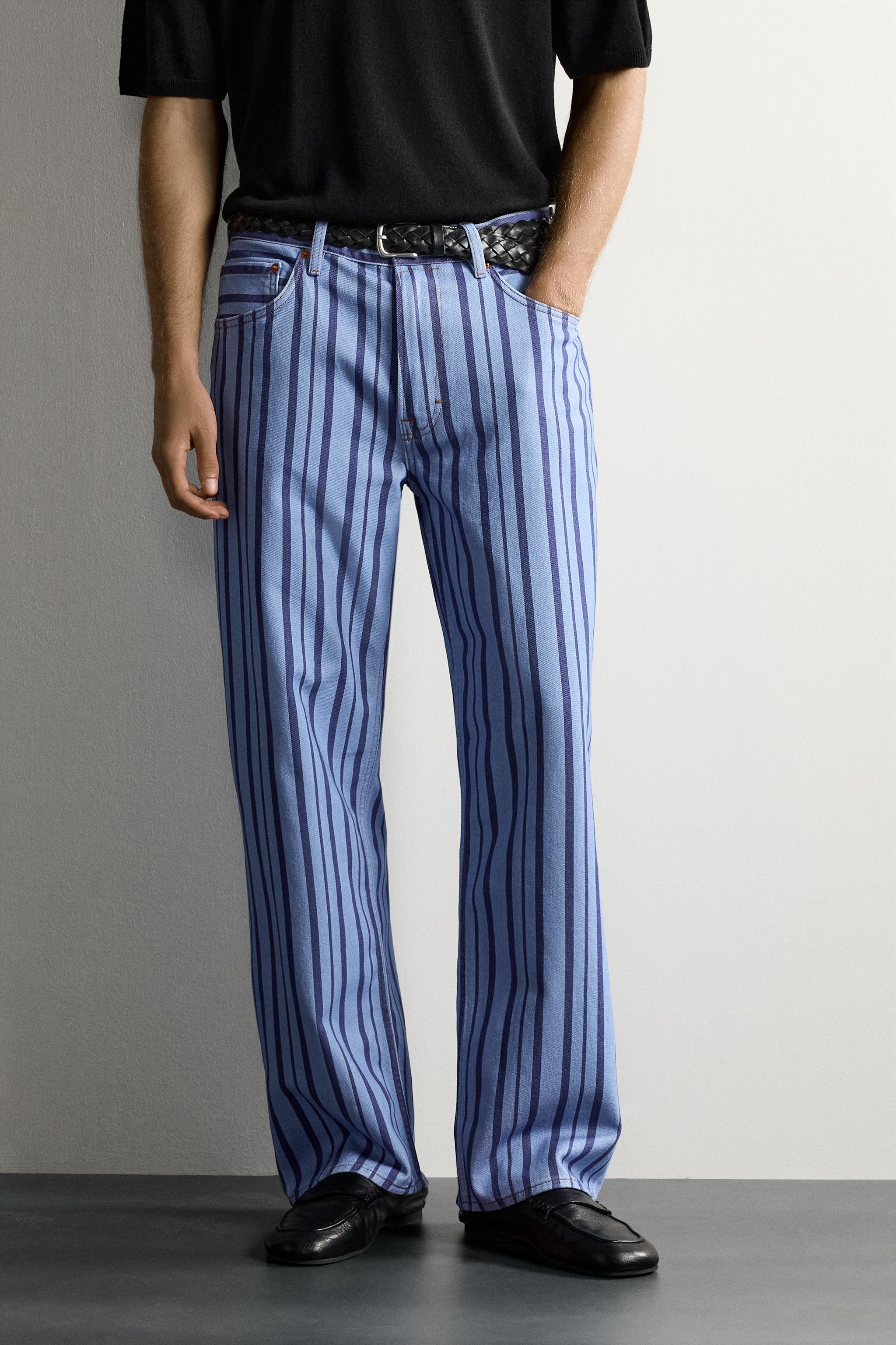 STRIPED STRAIGHT FIT PANTS — Blue