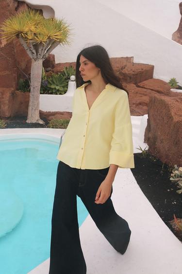 Zara WIDE SLEEVE LINEN SHIRT - Yellow