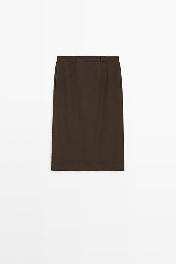 Zara Straight wool blend midi skirt - Dark brown - Image 0