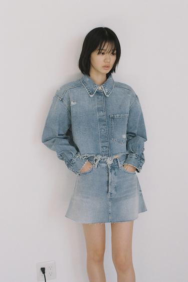 크롭 디스트로이드 데님 TRF 오버셔츠 - Zara 블루