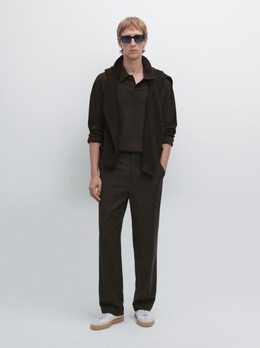 Zara Textured long sleeve polo shirt - Chocolate