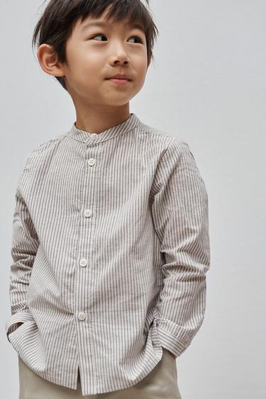 Zara AGES 6-10 / STRIPED MANDARIN COLLAR SHIRT LIMITED EDITION - Brown / White