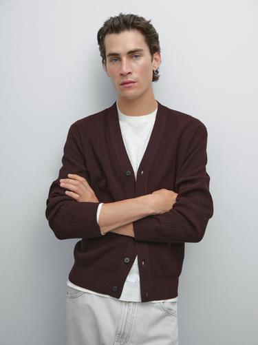 Zara 100% cotton textured knit cardigan - Burgundy