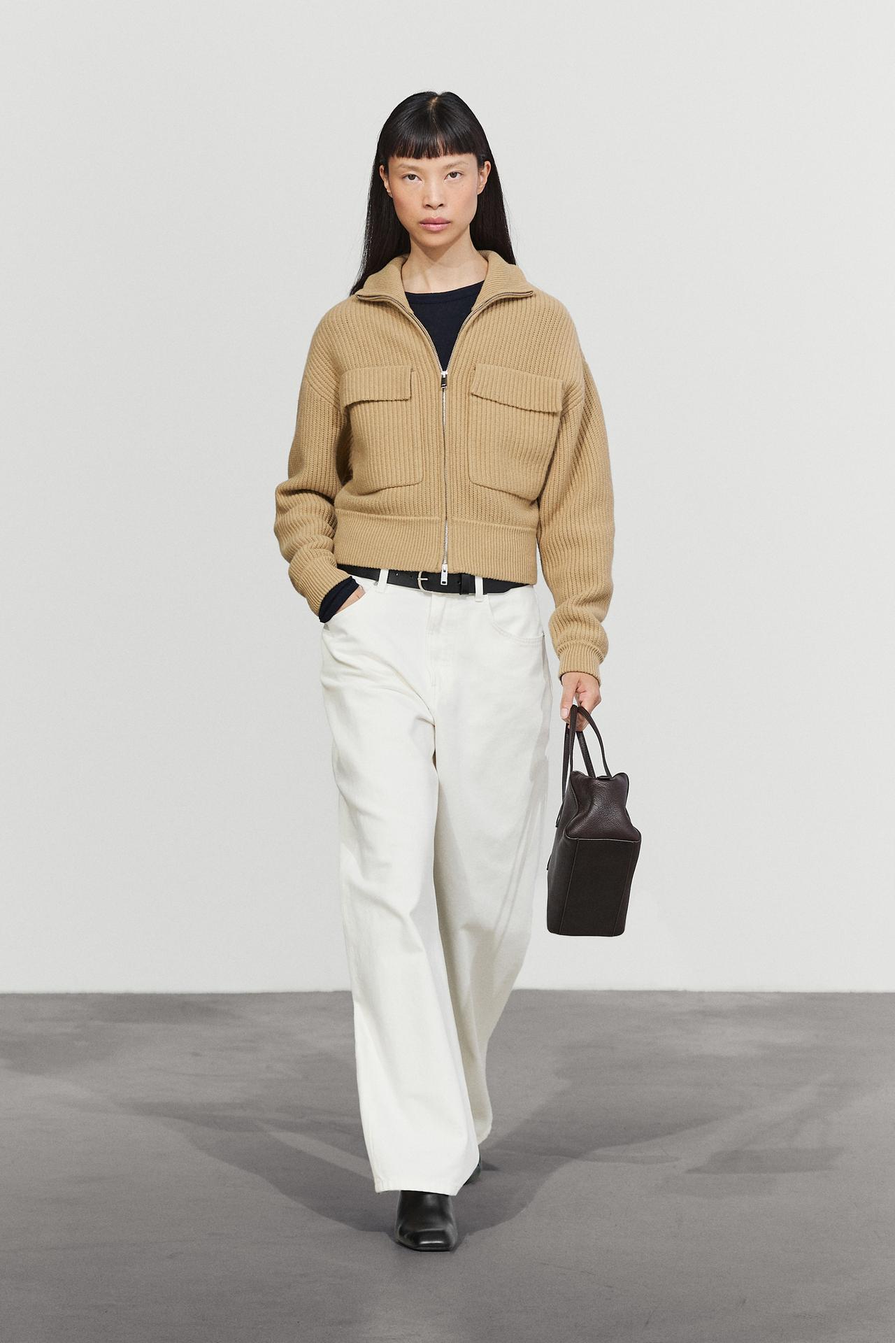 Zip-up knit cardigan with cotton — Dark mink