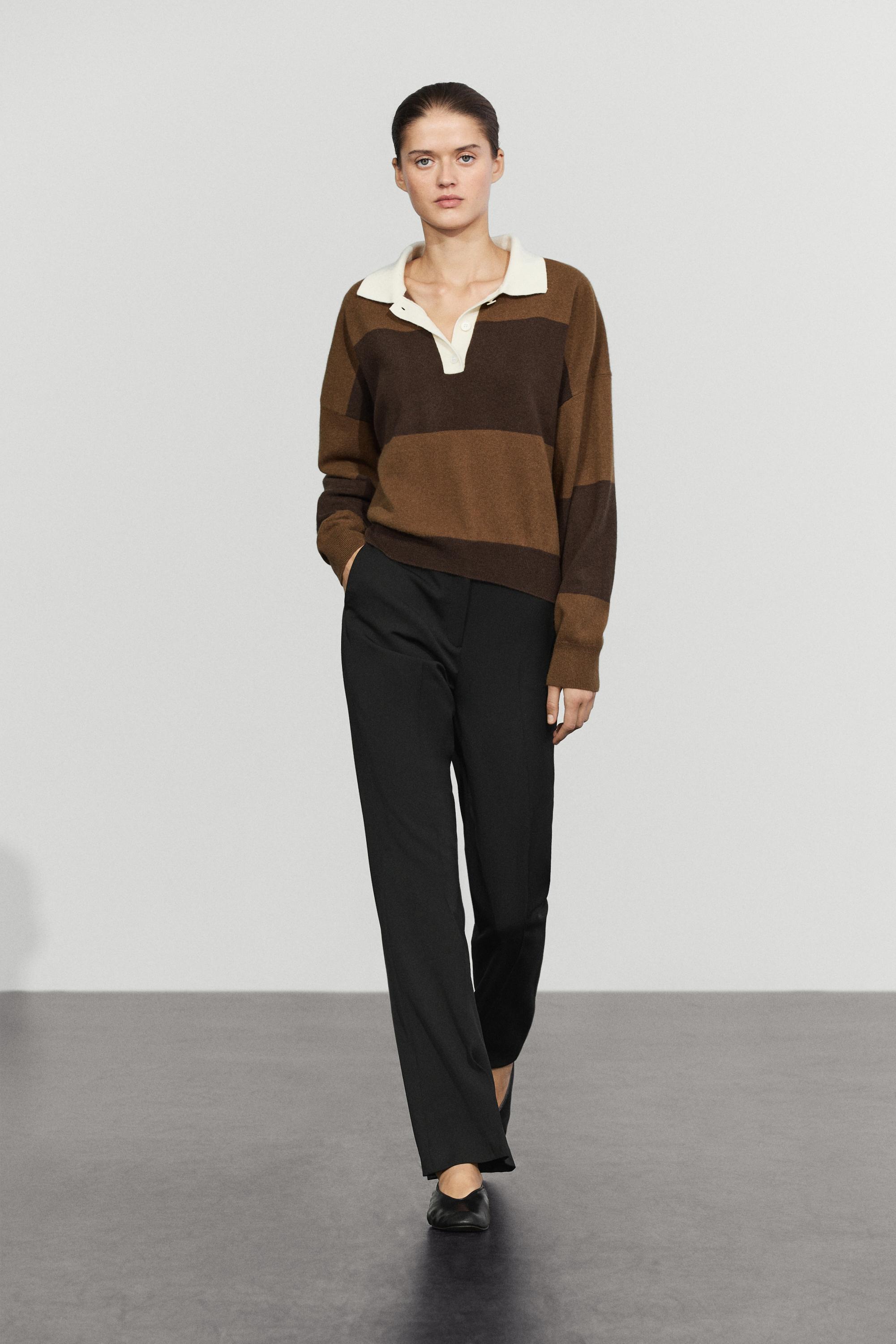 Striped knit sweater with polo collar