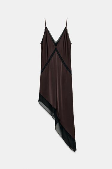 ASYMMETRIC SATIN MIDI DRESS - Brown by Zara
