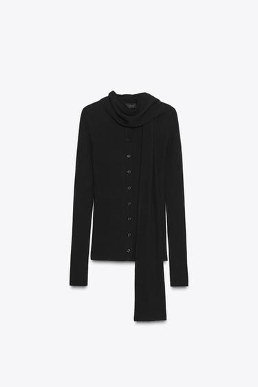 RIB KNIT CARDIGAN WITH SCARF - Black by Zara - Image 6