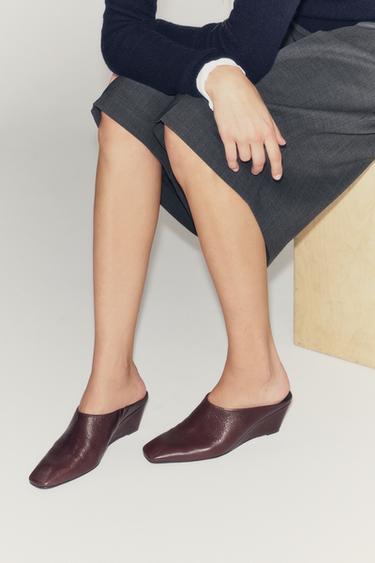 Zara LEATHER WEDGE MULES - Brown - Image 0