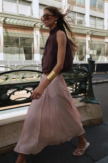 SEMI-SHEER TOPSTITCHED MIDI SKIRT - Pastel pink by Zara