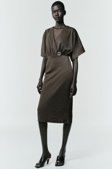 Zara BELTED PIQUÉ MIDI DRESS - Dark green