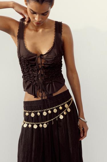 Zara TIED RUCHED TOP - Chocolate