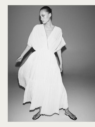 Zara Contrast pleated long dress - White