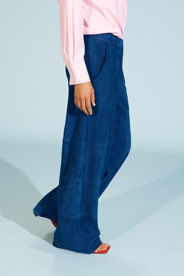 Zara LIMITED EDITION SUEDE BAGGY PANTS - Electric blue