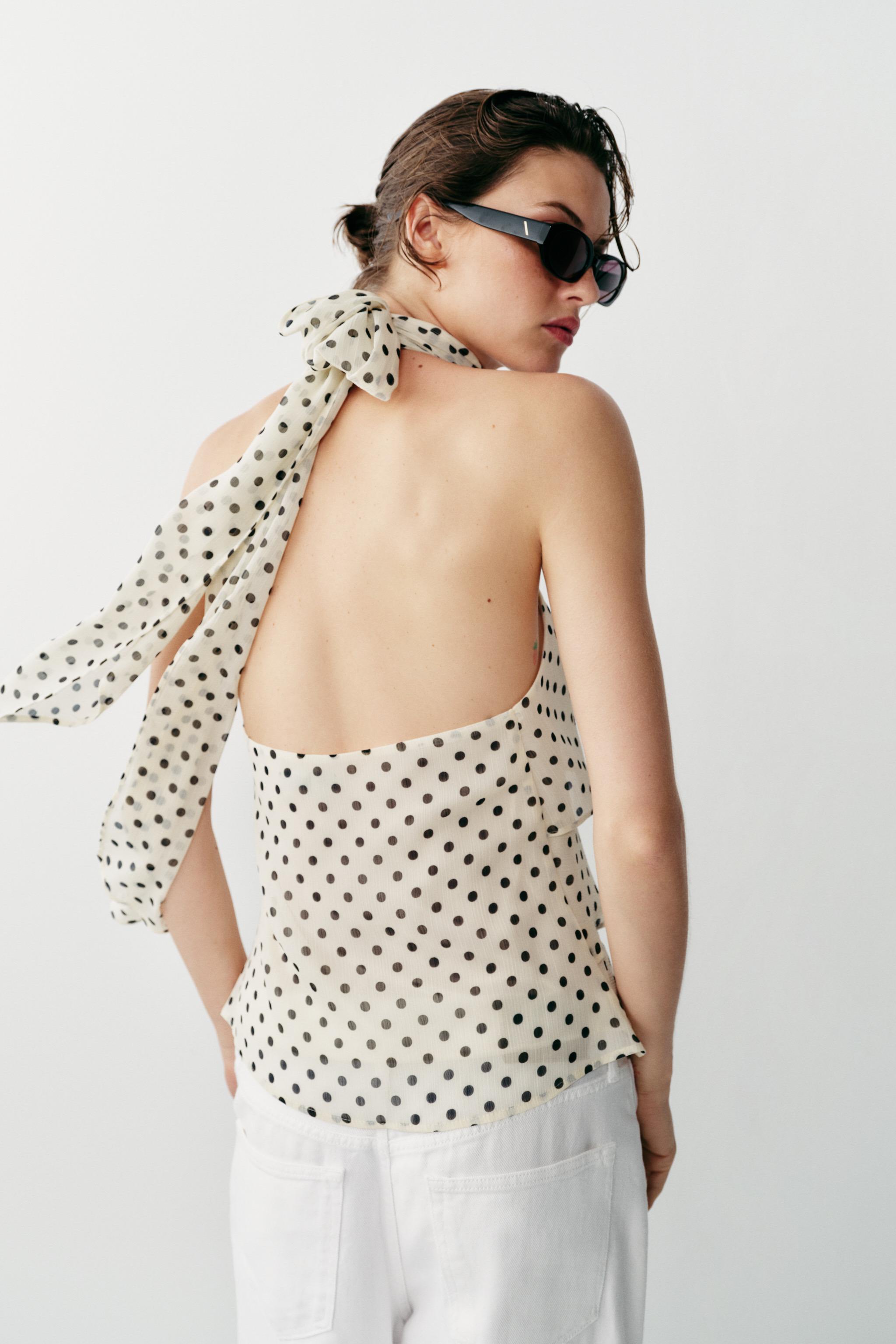 RUFFLED POLKA DOT HALTER TOP — Ecru / Black