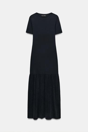 Zara LONG COMBINATION KNIT DRESS - Navy blue