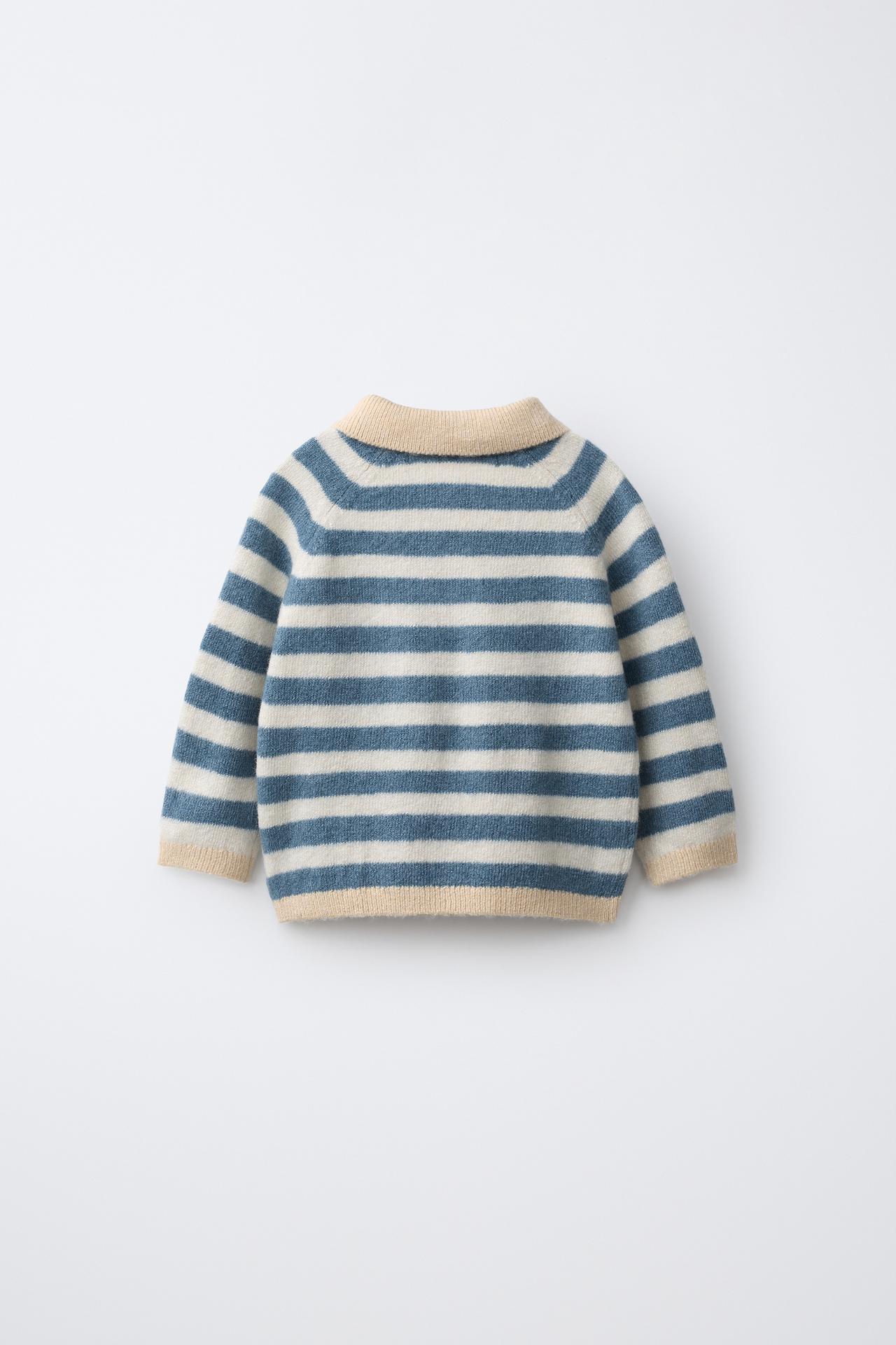 STRIPED KNIT POLO JUMPER — Mid-blue