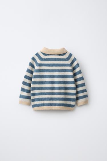 STRIPED KNIT POLO JUMPER — Mid-blue 2