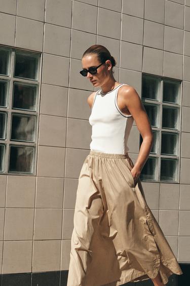 CONTRAST POPLIN MIDI DRESS - Mid-camel by Zara