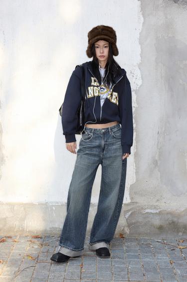 Zara TRF 中腰反摺吊襠牛仔褲 - 藍色