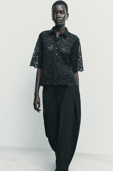 SHORT SLEEVE LACE SHIRT - Black by Zara