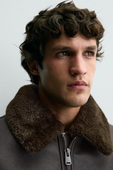 CAZADORA EFECTO PIEL CUELLO COMBINADO - Marrón oscuro de Zara