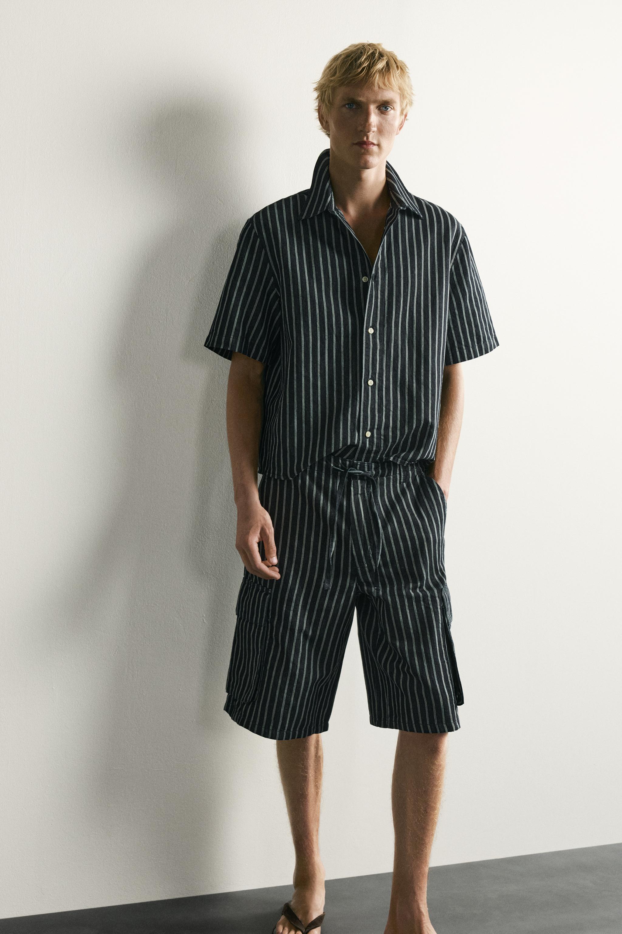 Мужские шорты Zara STRIPED COTTON-LINEN DENIM CARGO SHORTS — фото 5