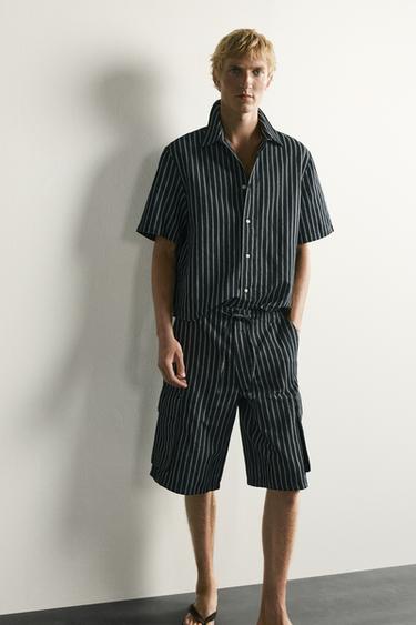 Zara STRIPED COTTON-LINEN DENIM CARGO SHORTS - Blue / Black