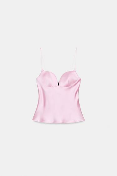 SATIN SWEETHEART NECKLINE TOP - Pink / Mauve by Zara