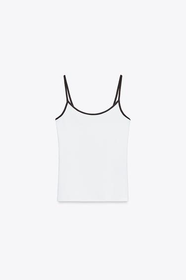 Zara CONTRAST TANK TOP - Brown / White