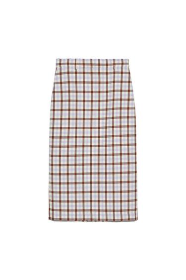 Straight skirt with a brown and lilac checked pattern on a white background.