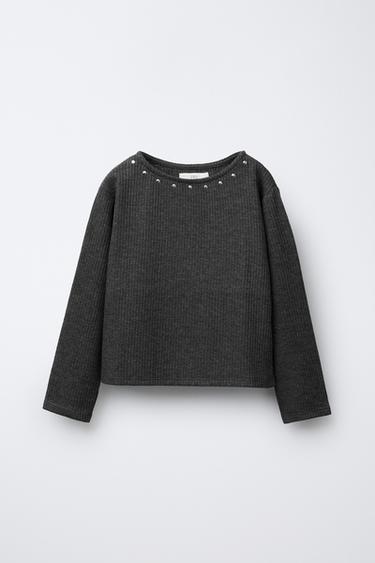 RIBBED STUD T-SHIRT - Grey marl by Zara