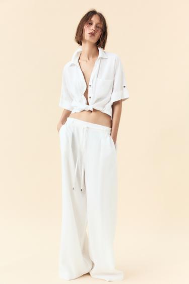 PANTALÓN ANCHO CON LINO CINTURÓN - Blanco de Zara