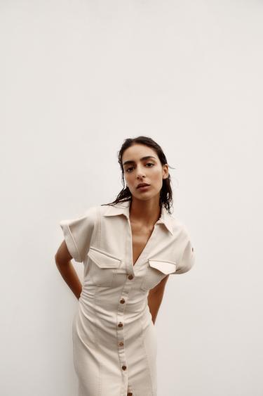 MIDI DRESS WITH GATHERED WAIST - Ecru by Zara - Image 4