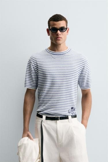 STRIPED TEXTURED KNIT T-SHIRT FILIPE JARDIM X ZARA - Blue/White by Zara