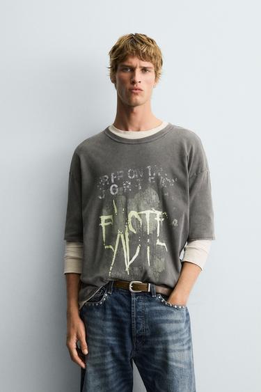 WASHED PRINTED KNIT T-SHIRT - washed green by Zara