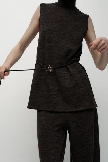 Zara 柔軟珠地布高領上衣 - 斑紋棕色