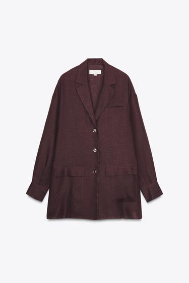 Zara LINEN LONG BLAZER - Eggplant