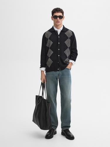 Zara 100% wool argyle knit cardigan - Navy blue - Image 0