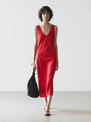Robe midi à bretelles en lin - Rouge de Zara - Image 0
