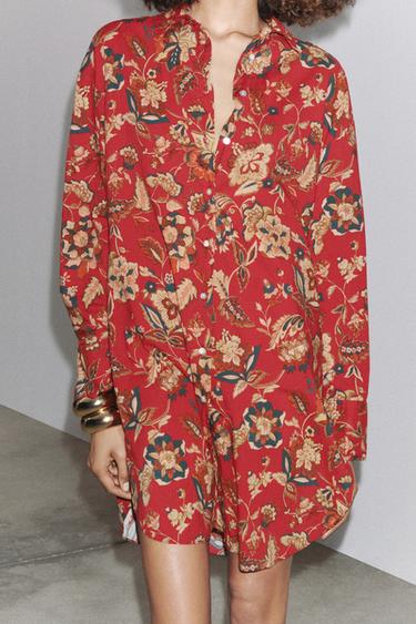 ZW COLLECTION PRINTED LONG SHIRT - Dark red by Zara - Image 3
