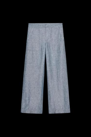 Zara ZW COLLECTION WIDE LEG LINEN PANTS - Blue