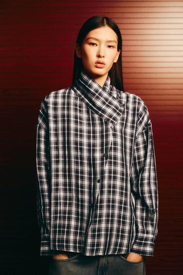 Zara 交叉格紋襯衫 - 棕色-藍色