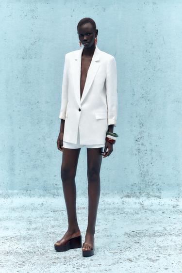 Zara 100% LINEN BLAZER WITH PRINTED CUFFS - White