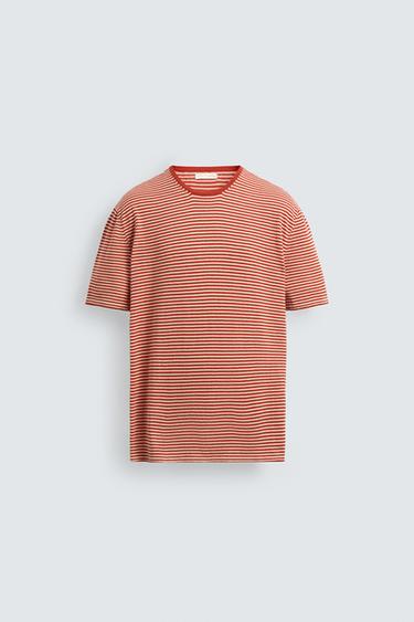 REGULAR FIT STRIPED KNIT T-SHIRT - White / Red by Zara