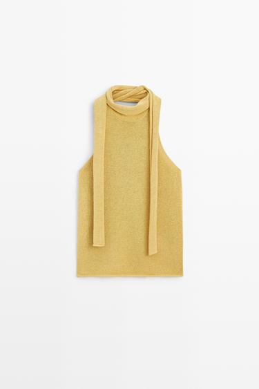 Zara Linen blend halter top with tie detail - Lime green - Image 0