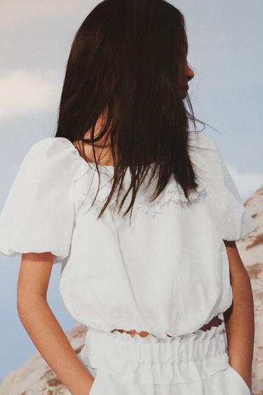 EMBROIDERED BALLOON HEM TOP - White by Zara