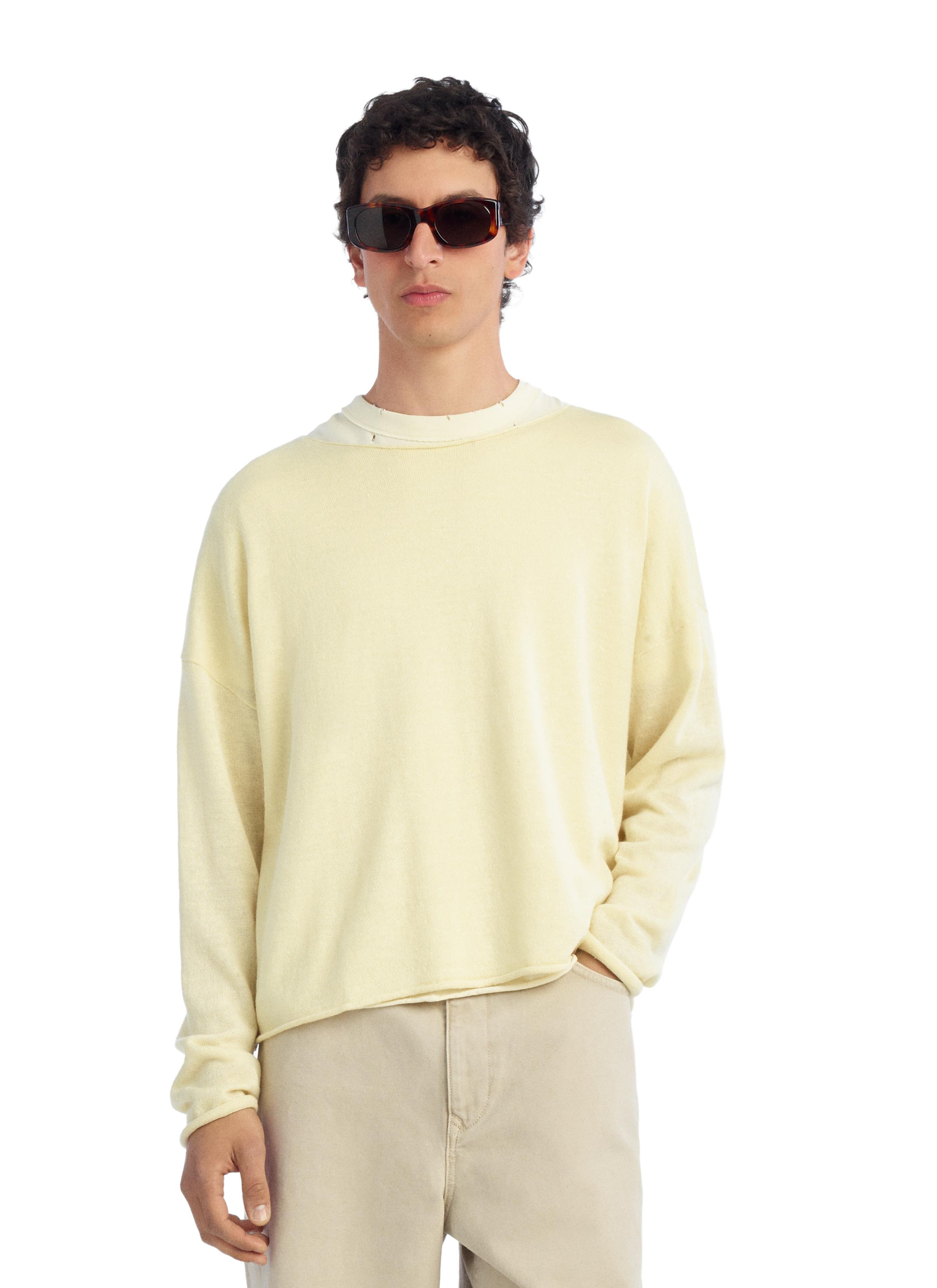 CROPPED FIT LINEN-WOOL BLEND SWEATER — Yellow