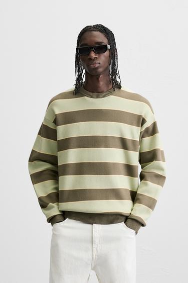 SWEATER MED BLØD STRUKTUR - Green stripe fra Zara