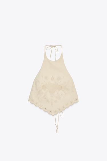 EMBROIDERED POPLIN TOP - Taupe grey by Zara