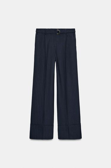 Zara 細條紋腰帶長褲 - 條紋